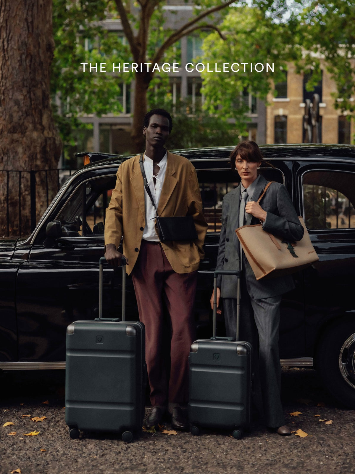 a man and woman standing next to a car with luggage