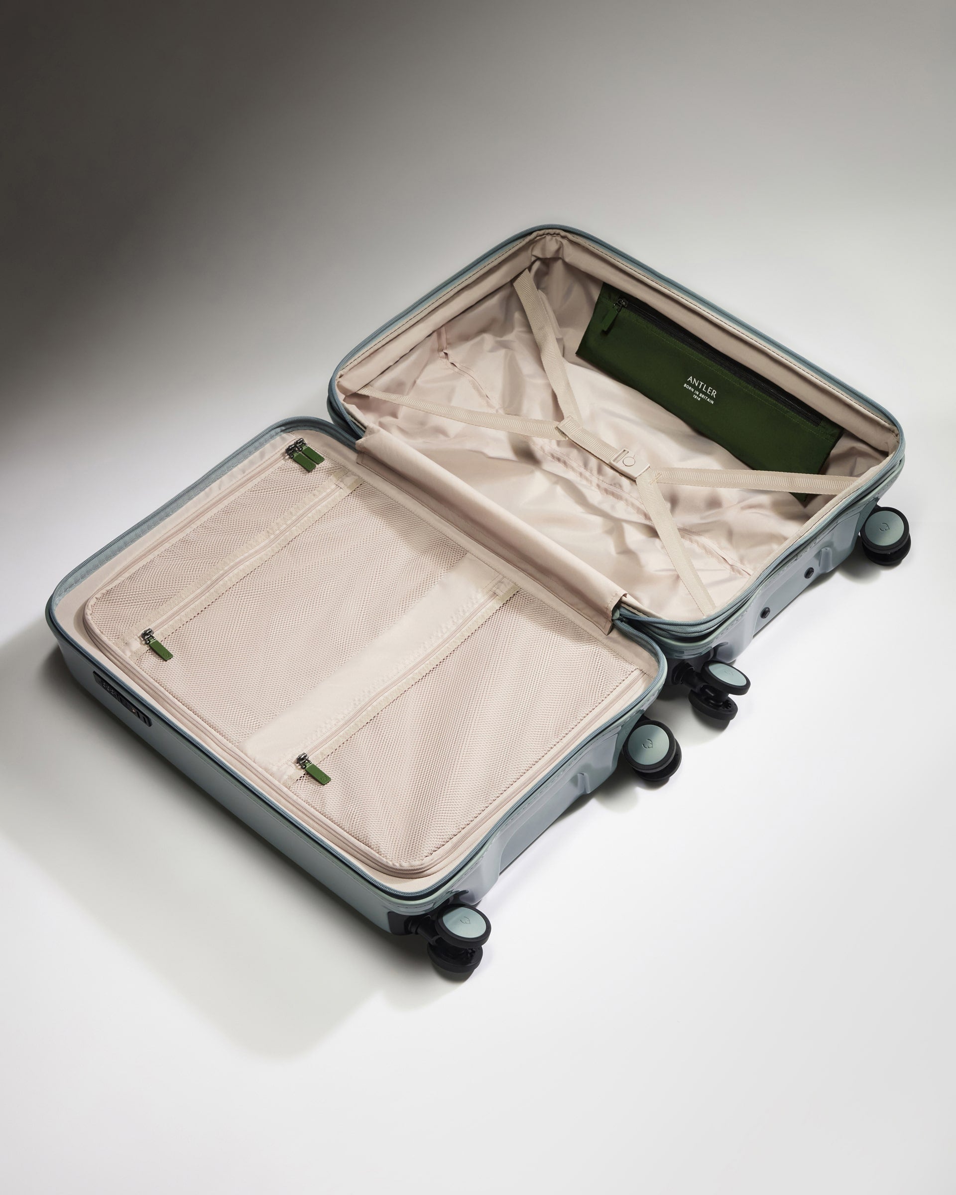 a suitcase with wheels and a zipper