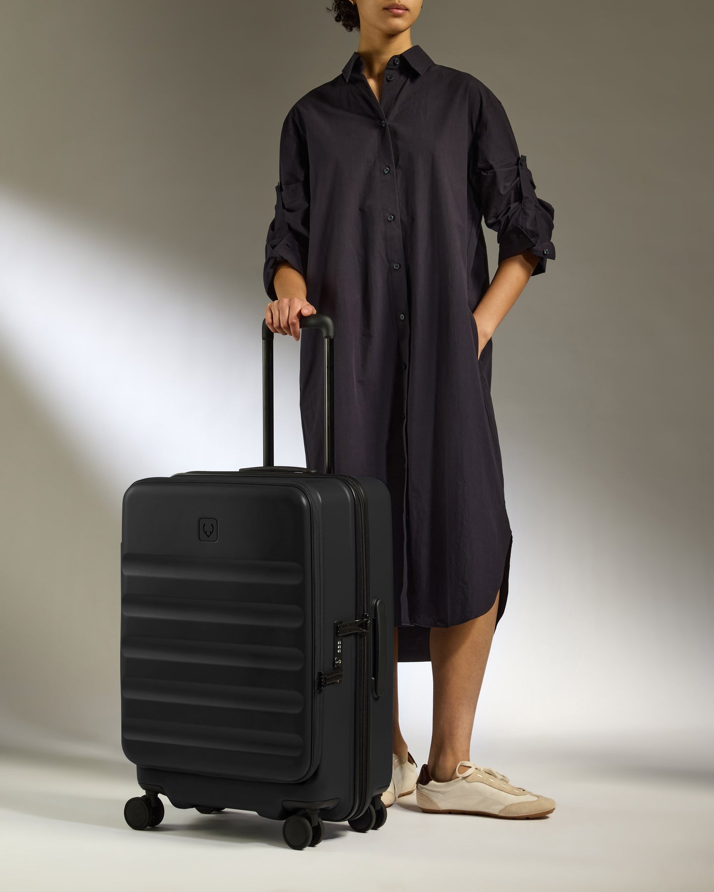 Dual Opening Medium Luggage in Black - Icon Stripe