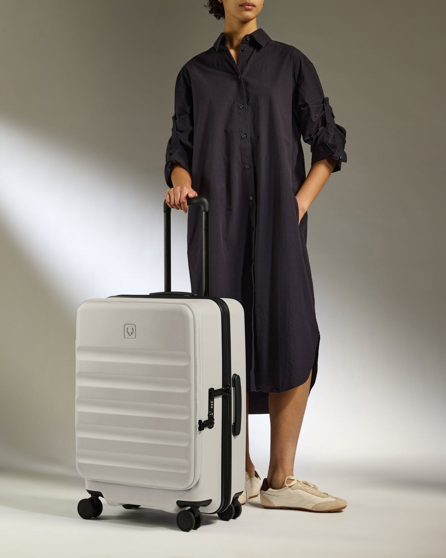 Dual Opening Medium Luggage in Taupe - Icon Stripe