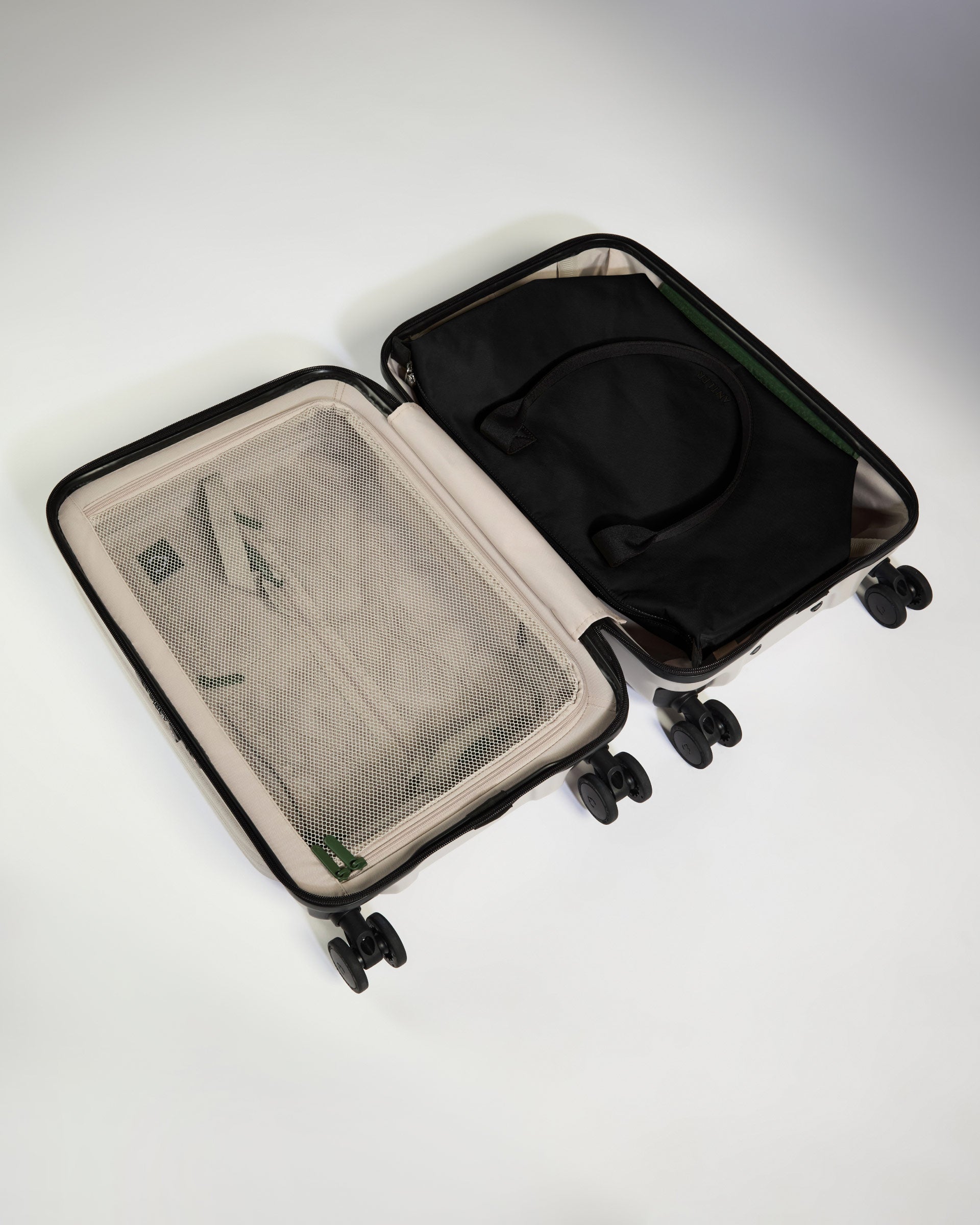 a suitcase with wheels and a bag