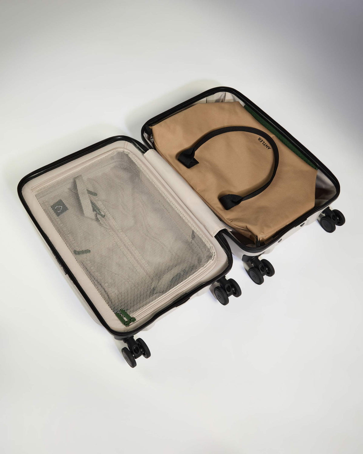 a suitcase with wheels and a bag