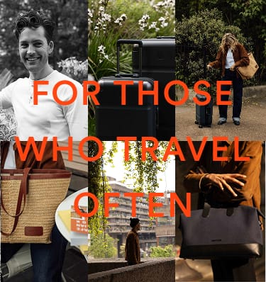 a collage of people with bags