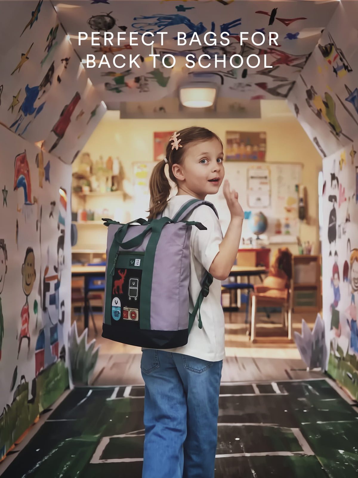 a girl with a backpack in a hallway