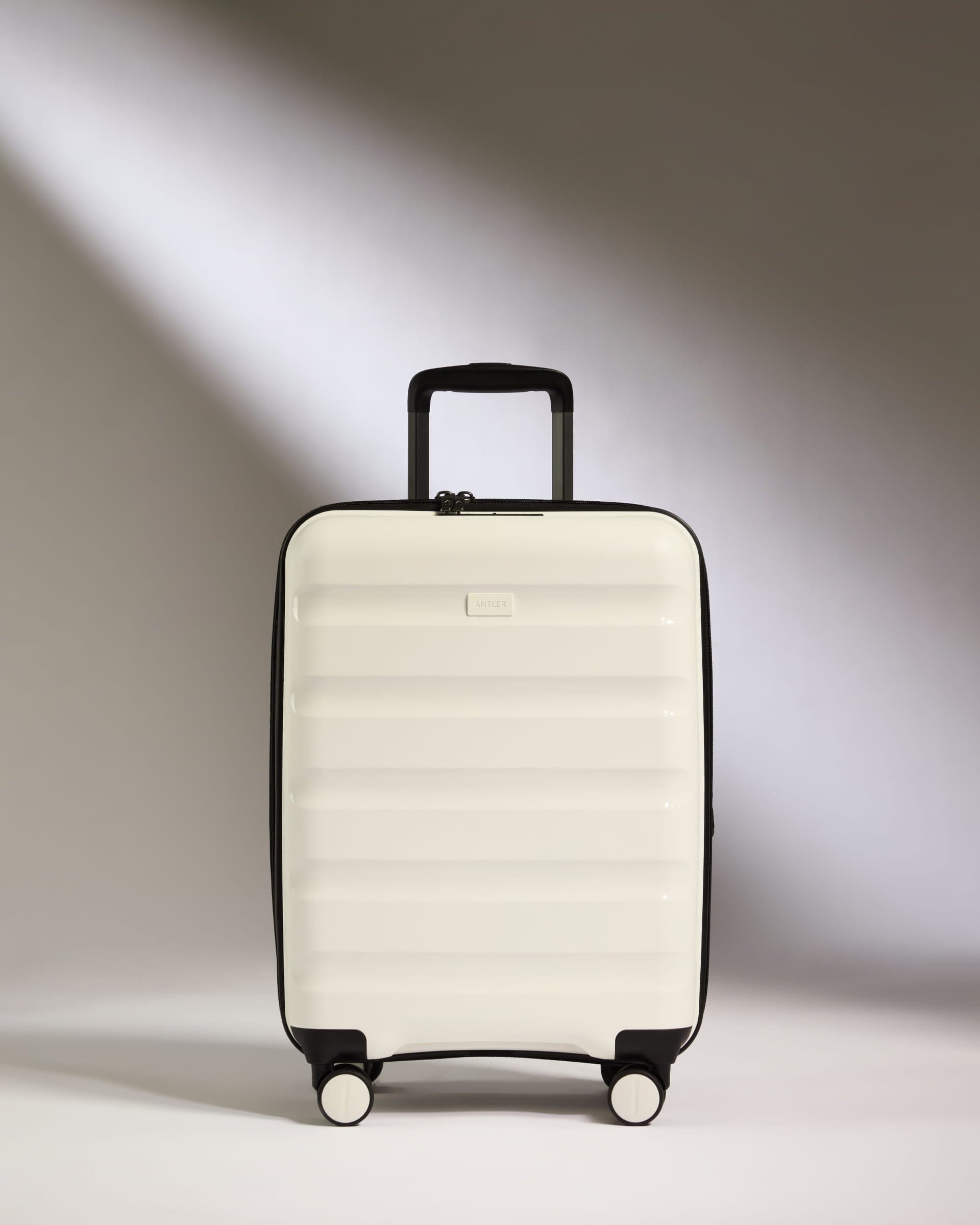 Antler Luggage -  Expandable Cabin Suitcase in White - Logo Stripe - Hard Suitcase - Expander Cabin Expandable Cabin Suitcase White - Logo Stripe | Lightweight Hard Shell Luggage